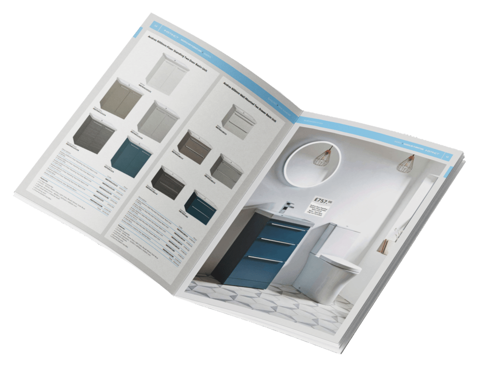 Spring 2022 Bathrooms brochure pages 12 and 13 open spread
